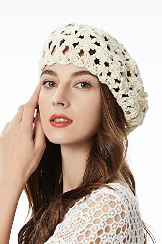 ZLYC Women Cotton Slouchy Crochet Beret Handmade Cutout Floral Beanie Hat - 2