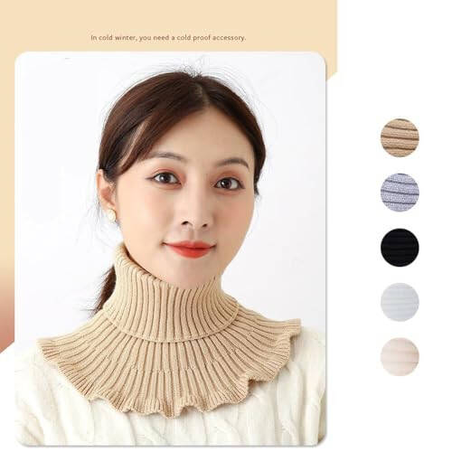 ZOHIKO Womens Turtleneck Ribbed Knitted False Collar Ruffles Wrap Solid Scarf Winter Warm Scarf Elastic Neck Sleeve - 3