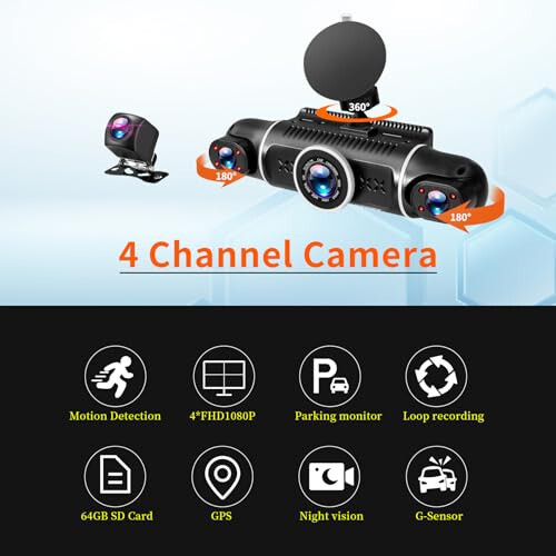 Zunfly 4 Kanal Dash Cam, 360 Dash Kamera FHD 1080P x 4 Dash Cam Oldin va Orqa, 2K Oldin +1080P Ichki * 2 Avtomobil Kamerasi 64GB Karta bilan, O'rnatilgan WiFi GPS, Loop Yozuvi, WDR, Tungi Ko'rish - 2