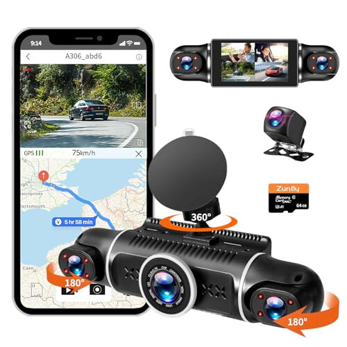 Zunfly 4 Kanallı Dash Cam, 360 Derece Dash Kamera FHD 1080P x 4 Önde ve Arkada Dash Cam, 2K Ön +1080P İç * 2 Araba Kamerası 64GB Kart ile, Dahili WiFi GPS, Döngü Kaydı, WDR, Gece Görüşü - 1