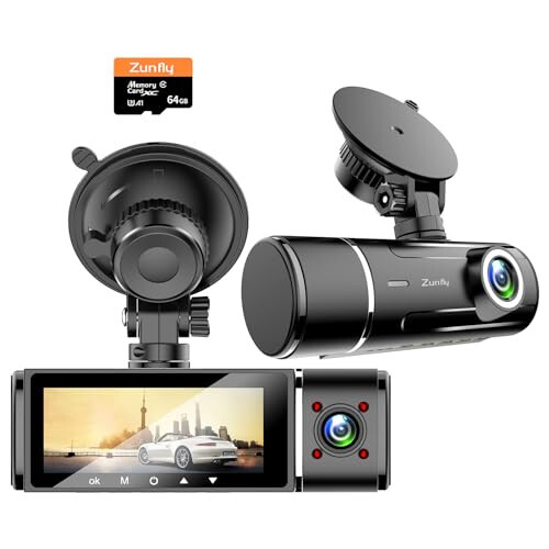 Zunfly Dual Dash Cam Front and Inside, with 64G SD Card, FHD 1080P Car Dash Camera, 3.16’’IPS Screen, Loop Recording, Night Vision, WDR, Parking Mode, Car Cam for Drivers S1 Pro - 1