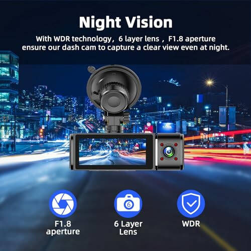 Zunfly Ikkita Dash Cam Oldingi va Ichki, 64GB SD Karta ega, FHD 1080P Avtomobil Dash Kamerasi, 3.16'' IPS Ekran, Tsiklik Yozuv, Kechasi Ko'rish, WDR, To'xtash Rejimi, Haydovchilar uchun Avtomobil Kamerasi S1 Pro - 3